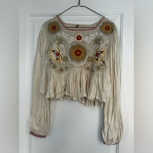 Free People Cream Embroidered Babydoll Top with Balloon Sleeves